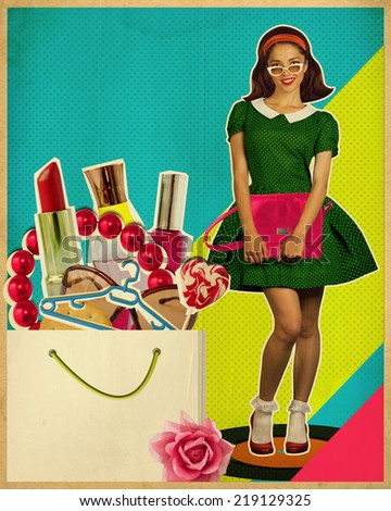 Pretty Young woman in fashion green dress.Retro cosmetics poster on old paper texture