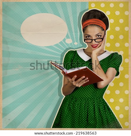 Young smiling woman reads book.Retro background on old paper texture for text