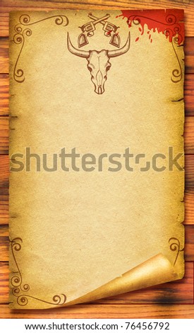 Cowboy old paper background for text with bull skull .Retro image for text