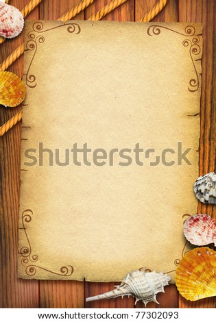 Old paper texture with sea shells and rope for text.Vintage