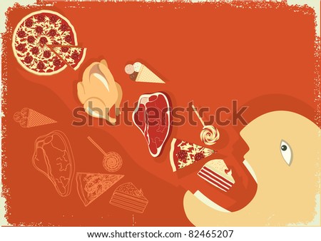 Hungry man eating a lot of food. grunge poster.Raster