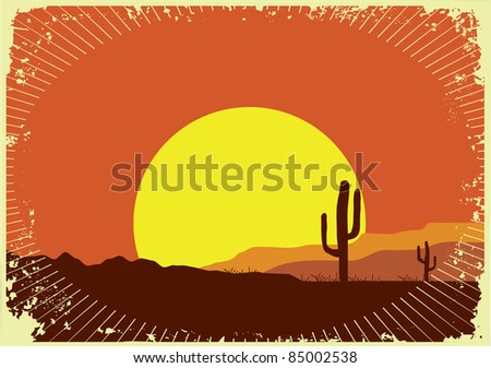Grunge wild western background of sunset.Desert landscape with sun