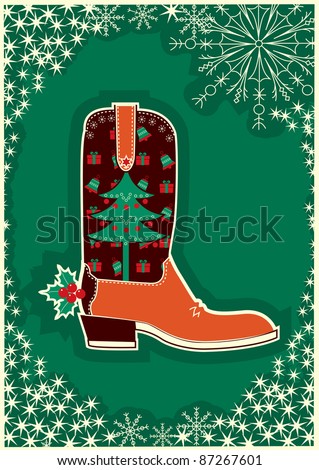 Cowboy christmas card with boot decoration.Raster