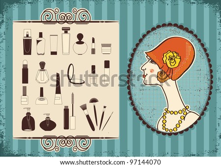 Vintage woman face in fashion hat and cosmetics background.Raster