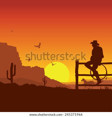 American Cowboy on wild west sunset landscape in the evening.Vector illustration