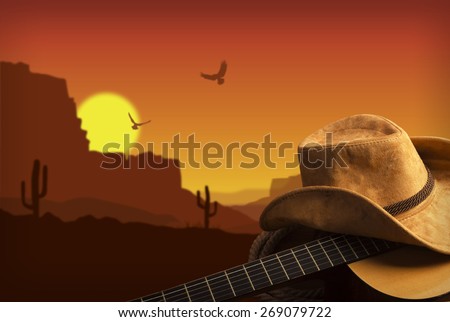 Country music collage with guitar and cowboy hat . American landscape background