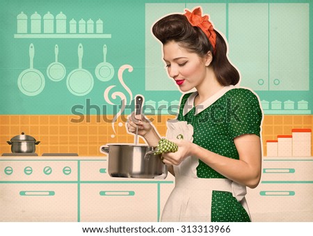Young housewife cooks in the kitchen.Reto style poster