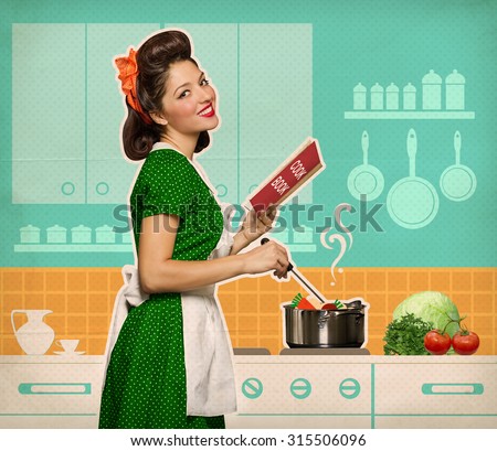 Retro smiling woman cooking and reading recipe book in her kitchen room on old paper