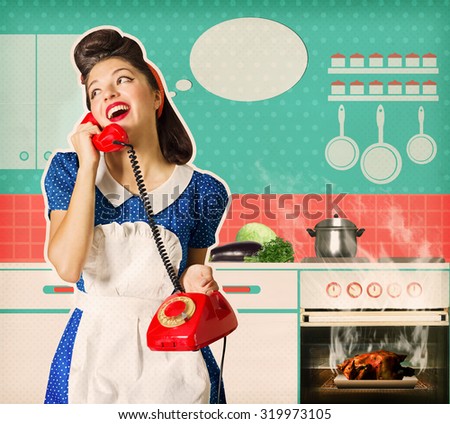 Retro young woman overlooked roast chicken in an oven.Housewife talking on phone in her kitchen interior. Poster on old paper