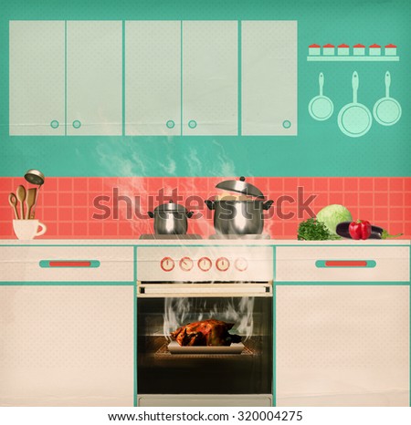 Overlooked roast chicken in an oven .Burned food retro poster kitchen background