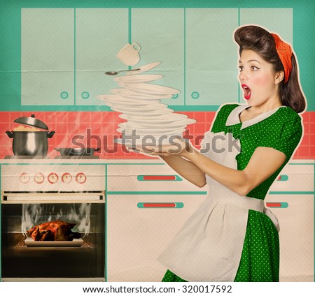 Clumsy housewife and overlooked roast chicken in an oven .Burned food retro poster kitchen background