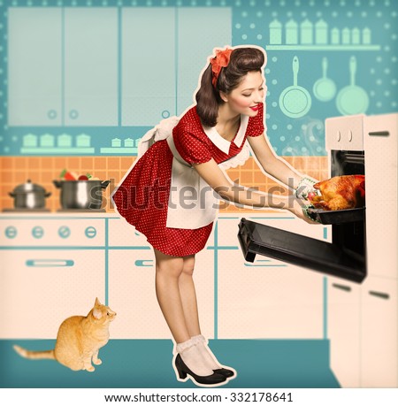 Pin up young woman cooking in an oven.Retro kitchen room