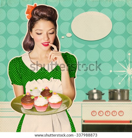 Young housewife holding sweet cupcakes.Retro poster background background for text