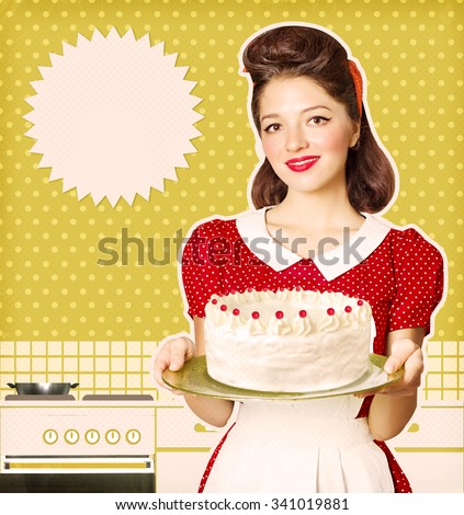Housewife holding homemade big cake in her hands.Retro poster for text  on old paper