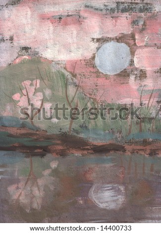 Hand painted landscape with water reflections