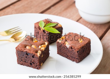 Brownies cake with cup of coffee