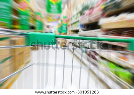 Blurred image of shop cart in department store going buy food or something.