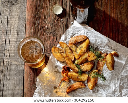 roasted potatoes and rustic beer