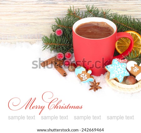 Red mug with hot chocolate and ginger cookies on a white background.