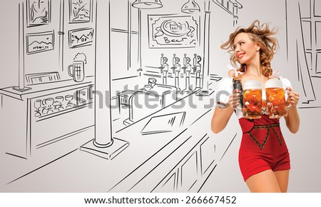 Young smiling sexy Swiss woman wearing red jumper shorts with suspenders in a form of a traditional dirndl, serving two beer mugs on grey sketchy background.
