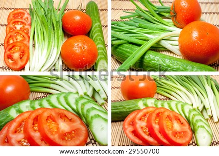 Mixed freshness vegetables. Fresh tomatoes, cucumbers and onions on a kitchen device