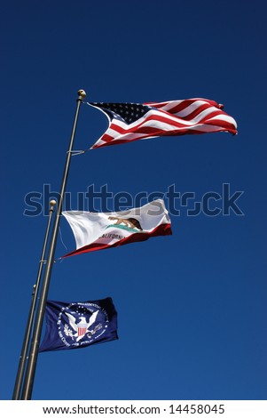 Three flags, USA, California State and Presidential