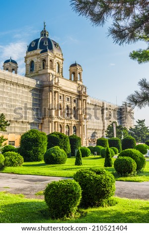 Beautiful view of famous Naturhistorisches Museum (Natural History Museum) with green garden in Vienna, Austria