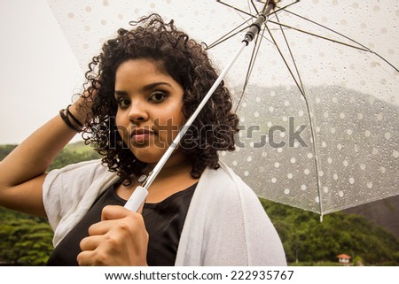 Brazilian model posing in the rain while holding a translucent umbrella
