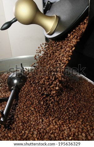 Freshly roasted coffee beans spilled out coffee roasting machines