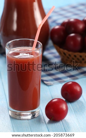 plum juice in a glass and pitcher, plums in a wicker basket on a background of colored boards