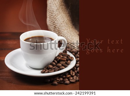 Coffee cup and jute sack full of coffee beans card