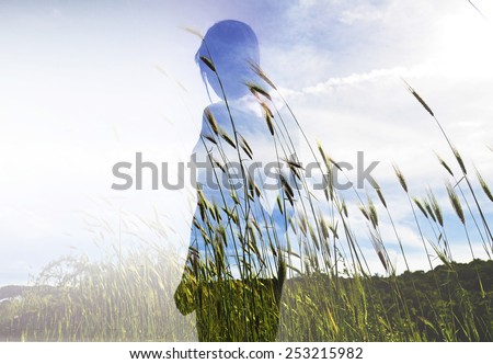 Double exposure of beautiful model and wheat