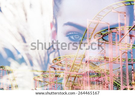 Double exposure of roller-coaster and beautiful girl