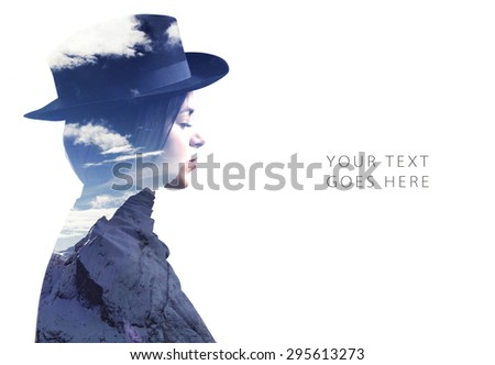 Double exposure of girl wearing hat profile and mountains card
