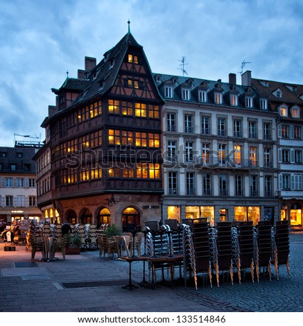 STRASBOURG, FRANCE - MARCH 19: The main square of Strasbourg, France on March 19. Place Kleber is famous for the cathedral and for its old bars and houses.
