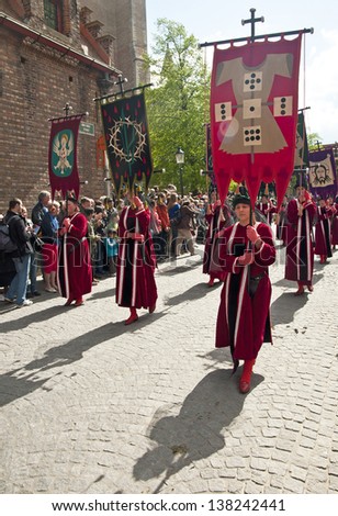 BRUGES, BELGIUM - MAY 9: Annual Procession of the Holy Blood on Ascension Day. Locals perform a historical reenactment and dramatizations of Biblical events in the city. May 9, 2013 in Bruges, Belgium