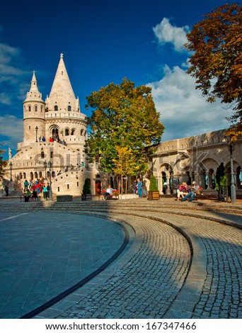 BUDAPEST, HUNGARY - 13 OCTOBER, 2013: Fishermen\'s bastion in Budapest, Hungary. The Halaszbastya or Fisherman\'s Bastion is a terrace in neo-Gothic style situated on the Castle hill in Budapest.