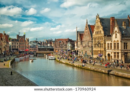 Ghent, Belgium - 19 April : Nice Houses In The Old Town Of Ghent, Belgium On 19 April 2013. Ghent Is A City And A Municipality Located In The Flemish Region Of Belgium.