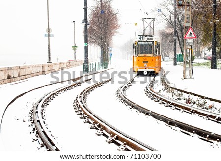 Tram and tramlines in Budapest at winter with snow