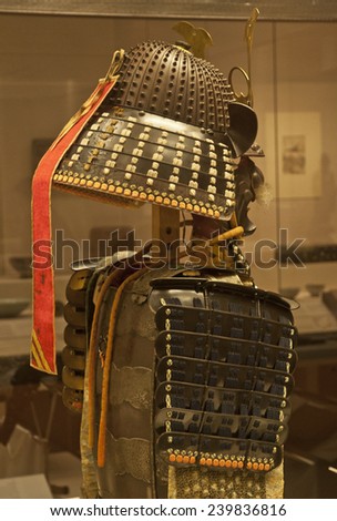 LONDON, UNITED KINGDOM - 12 DECEMBER, 2014: Samurai armour and helmet in the British Museum, London on 12 December, 2014. The armour is a collection of different pieces made between 1500 and 1800.