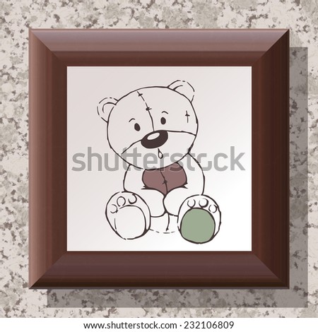Wooden frame on textured wall with teddy bear drawing - illustration