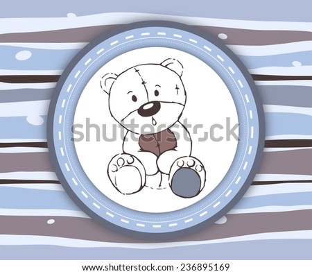 Cute teddy bear label card in blue and brown - illustration