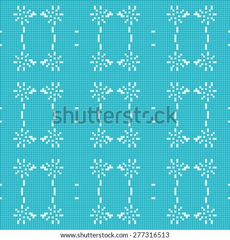 Filet crochet lace design. Seamless blue background