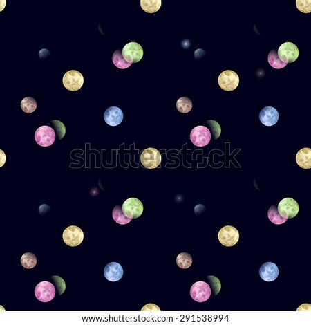 Seamless abstract planets pattern on black background