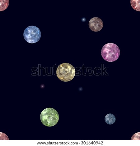 Seamless abstract colored planets pattern with glowing stars on black background