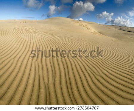 Yellow soft sand dunes in desert with sand patterns and lines and shadows