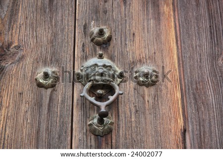 Old cast bronze door knocker; Morelia, Mexico