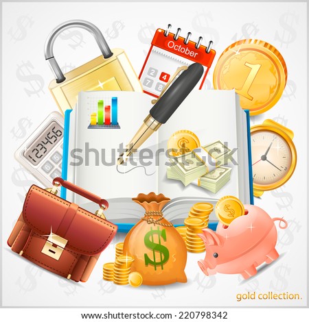 Items of business, money, gold coins vector
