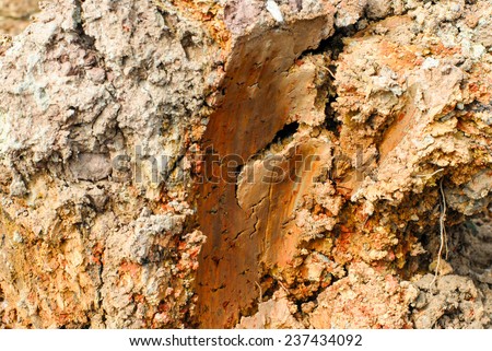 Soil cross section after working excavator, dirt background