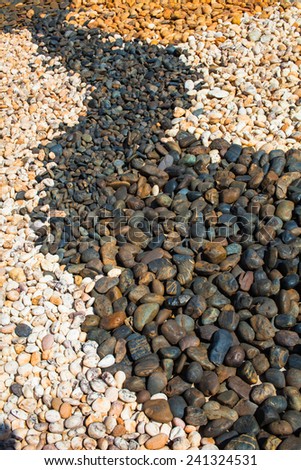 Variety of gravel decorated on ground in garden